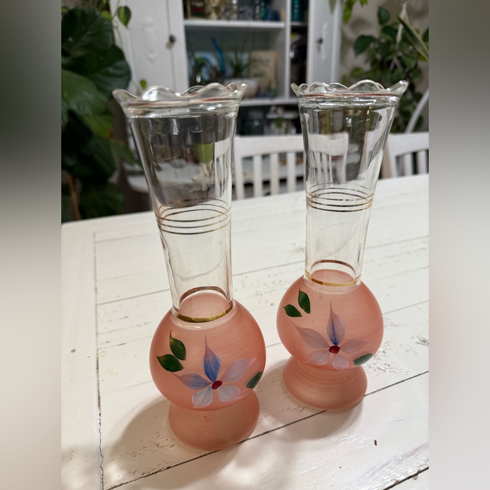Vintage 60s Bartlett Collins Pair Frosted Pink Floral Hand-Painted Glass vases